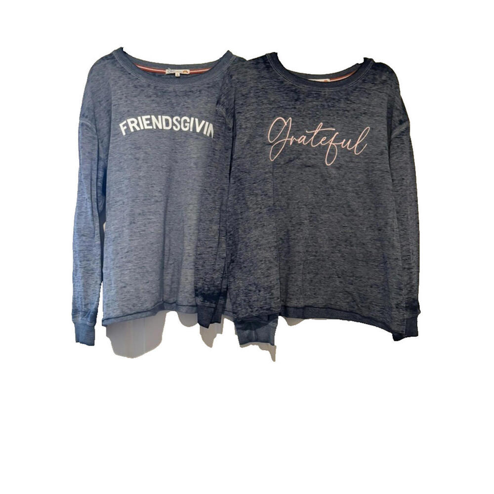 C&C California lot of 2 sz L blue sweatshirts "Grateful" and "Friendsgiving"3041